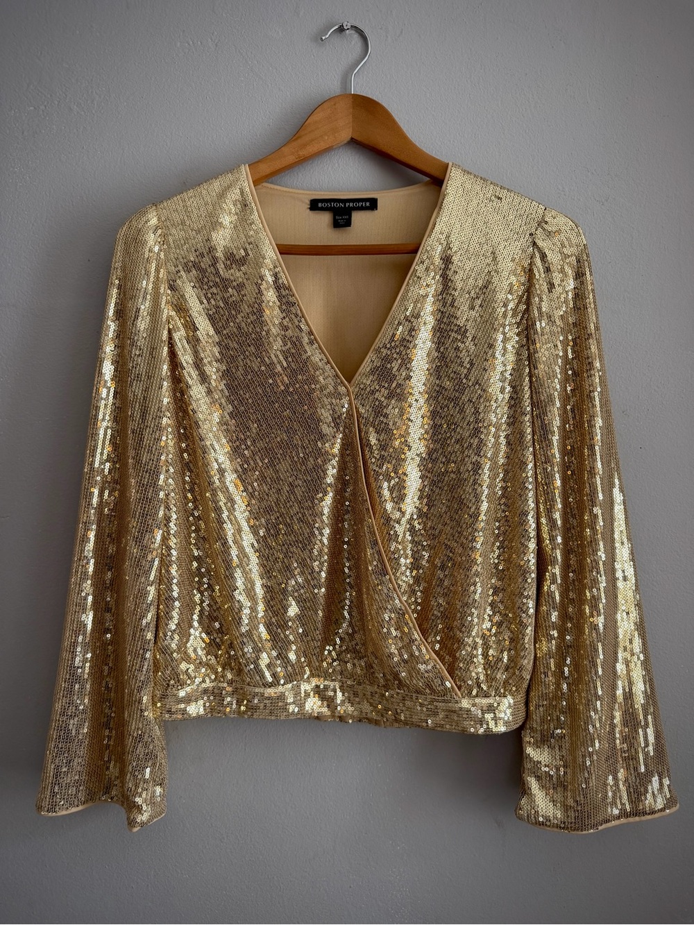 Boston Proper Gold Sequin Wrap Top XXS